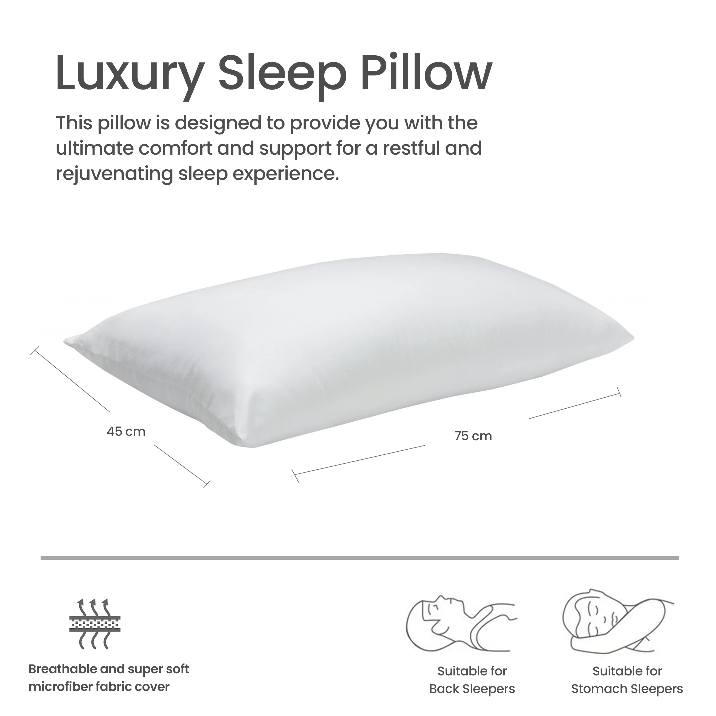 Four Seasons Side Sleeper Light Weight Medium Firm Pillow Pack of 2 50x75cm 1200g