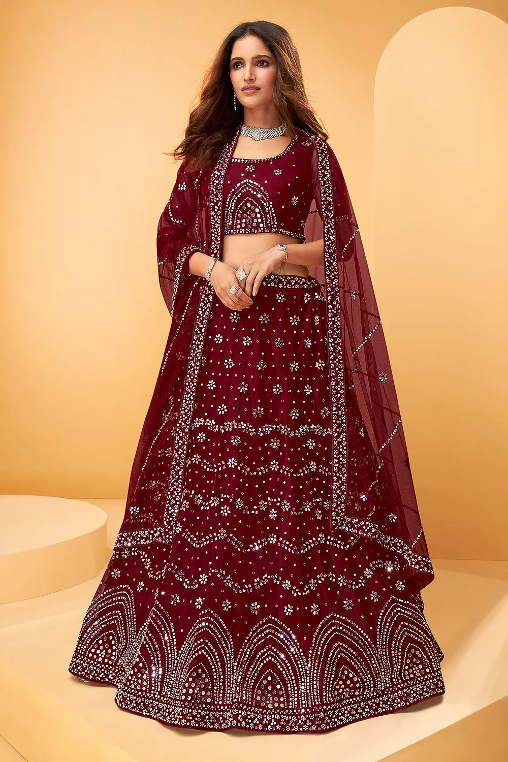 Garnet Maroon Mirror Work Embroidered Wedding Lehenga