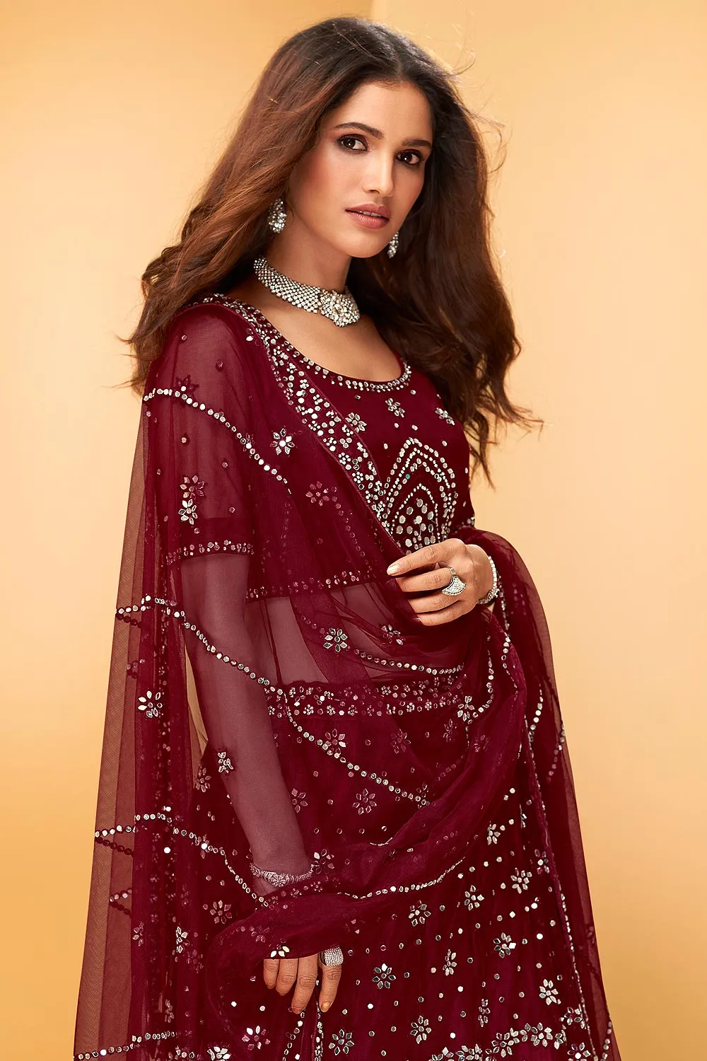 Garnet Maroon Mirror Work Embroidered Wedding Lehenga