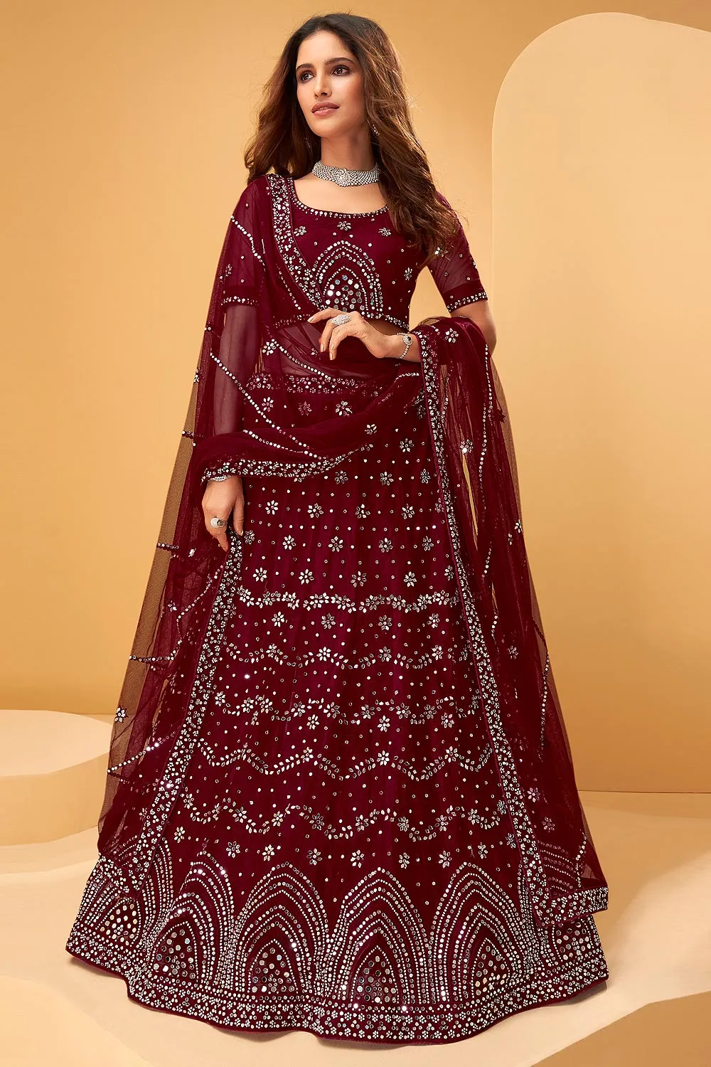 Garnet Maroon Mirror Work Embroidered Wedding Lehenga