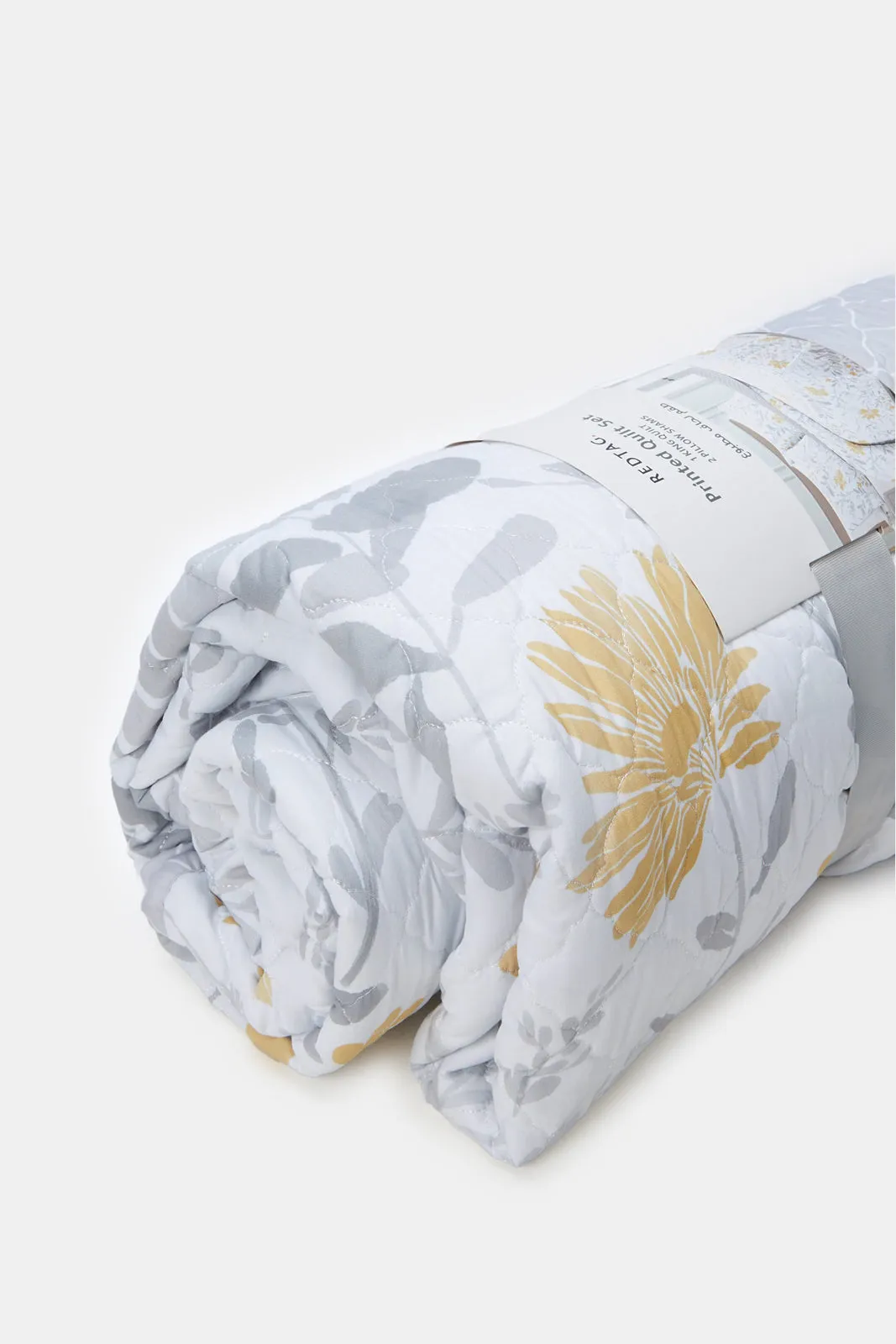 Grey 3 Piece Floral Printed Quilt (King Size)