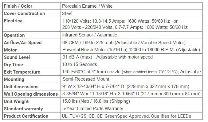 HD-645, COLUMBIA VORTEX (208V-240V) Stamped Steel White Porcelain Recessed High-Speed Hand Dryer