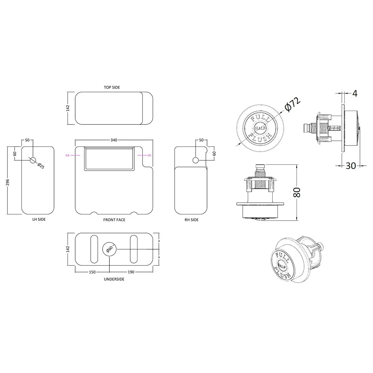 Hudson Reed Old London Universal Access Toilet Cistern and Flush Plate Side Inlet in Chrome