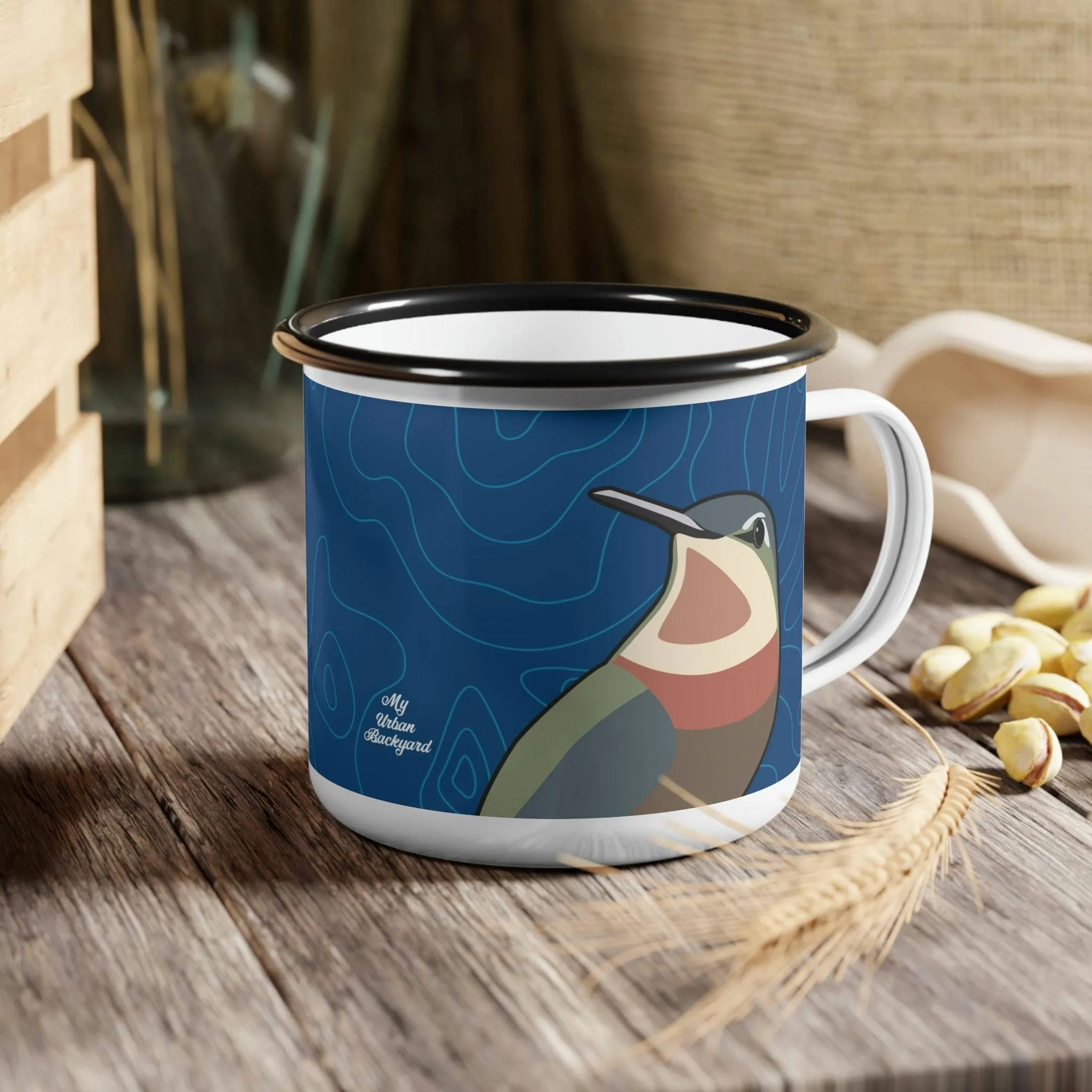 Hummingbirds on Classic Blue, Enamel Camping Mug for Coffee, Tea, Cocoa, or Cereal - 12oz