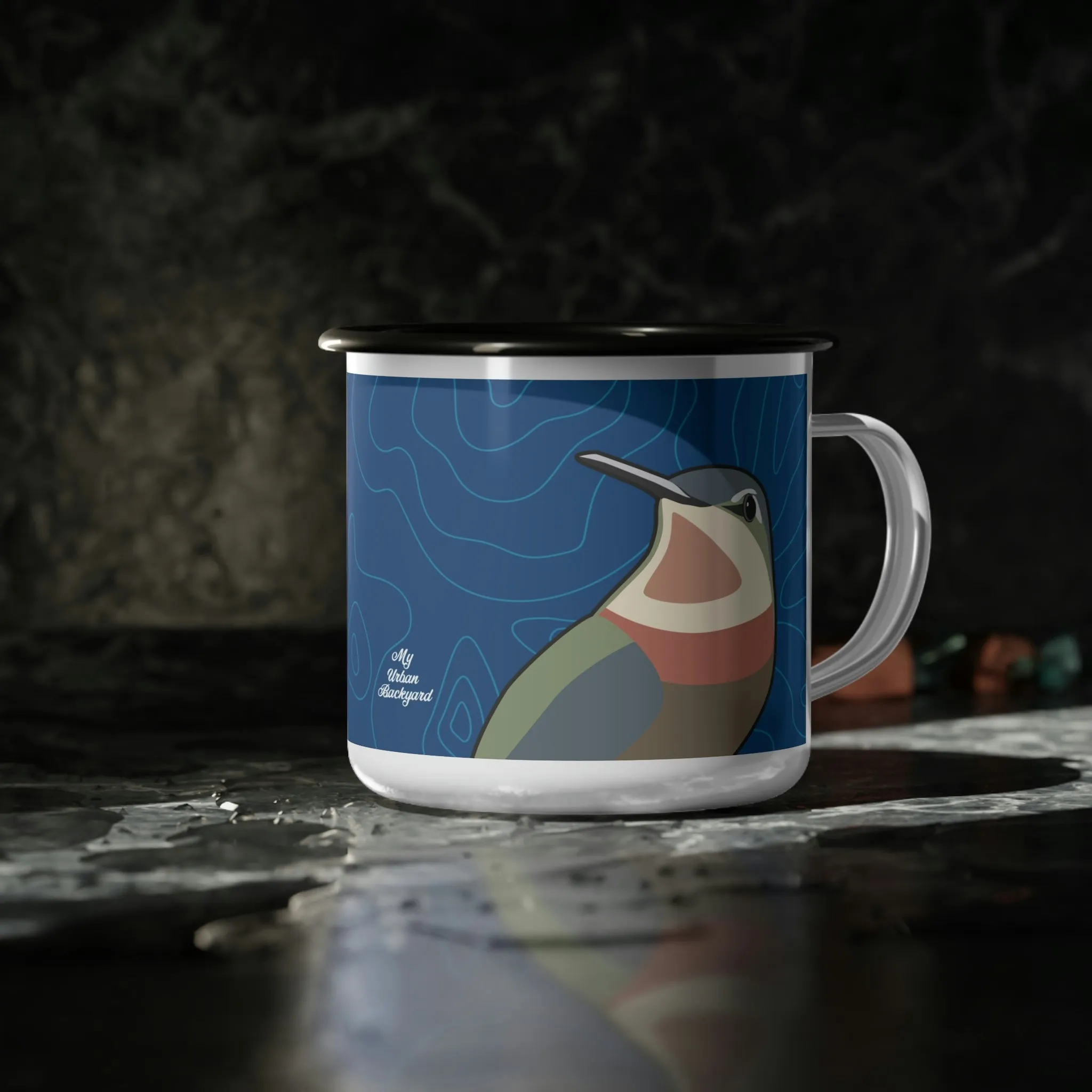 Hummingbirds on Classic Blue, Enamel Camping Mug for Coffee, Tea, Cocoa, or Cereal - 12oz