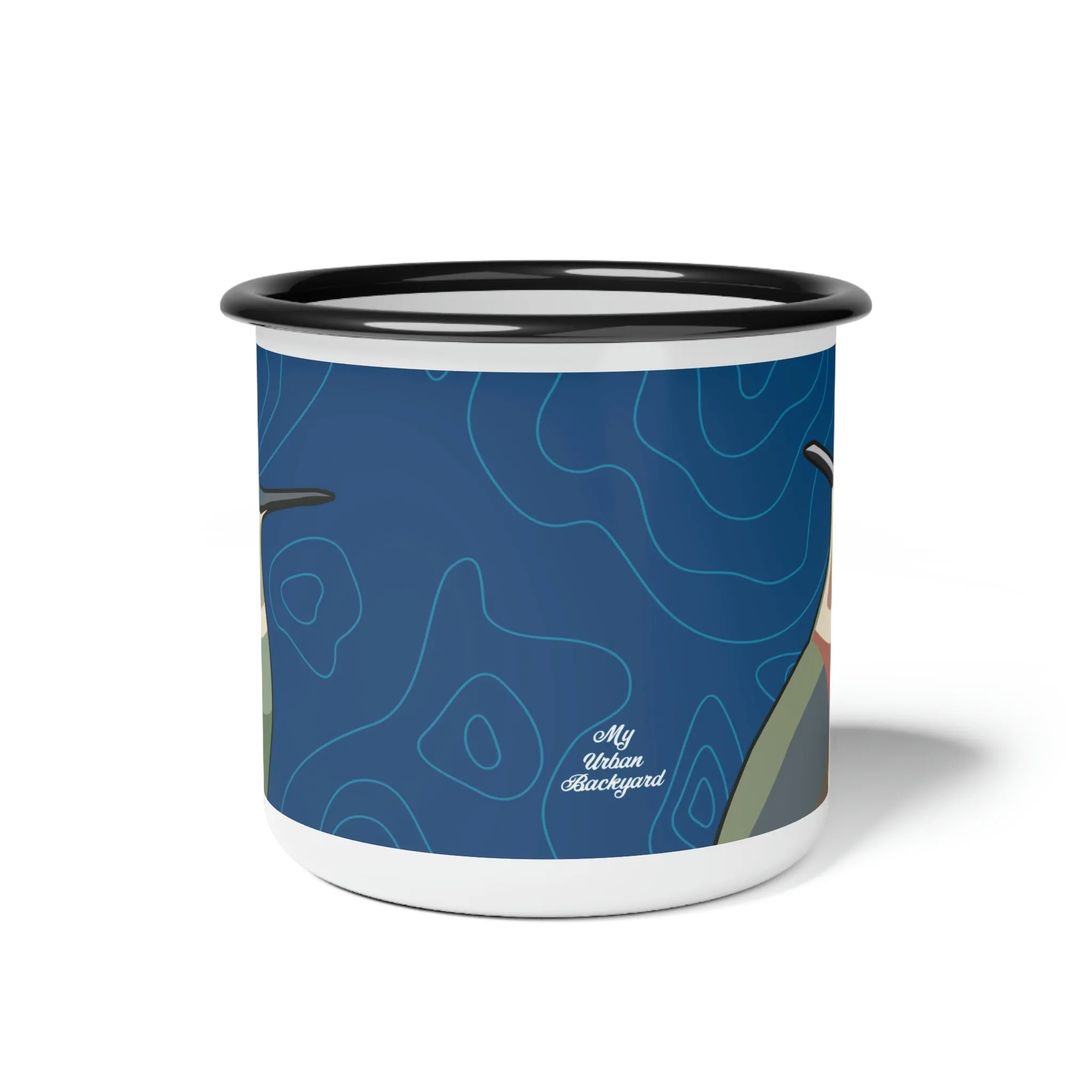 Hummingbirds on Classic Blue, Enamel Camping Mug for Coffee, Tea, Cocoa, or Cereal - 12oz