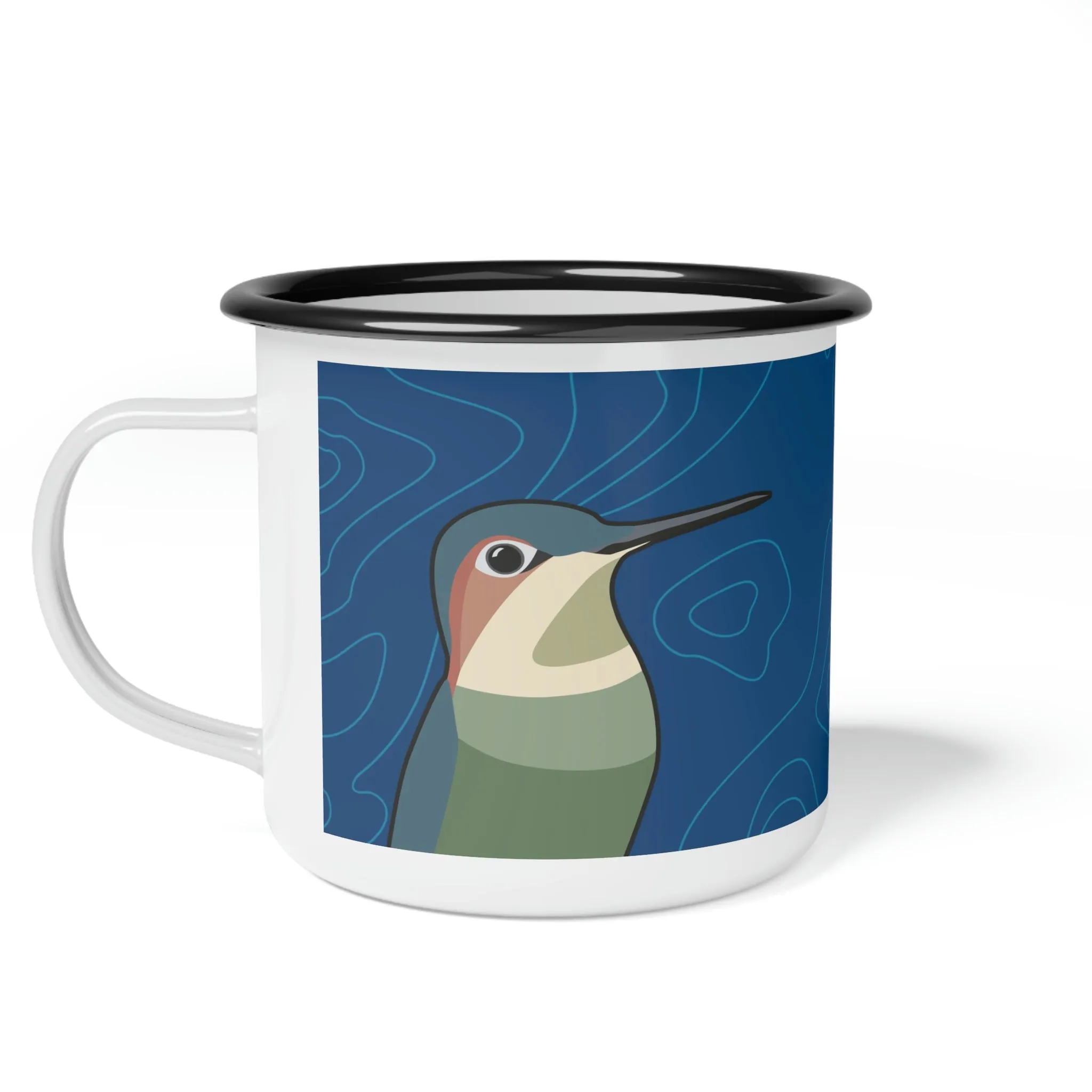 Hummingbirds on Classic Blue, Enamel Camping Mug for Coffee, Tea, Cocoa, or Cereal - 12oz