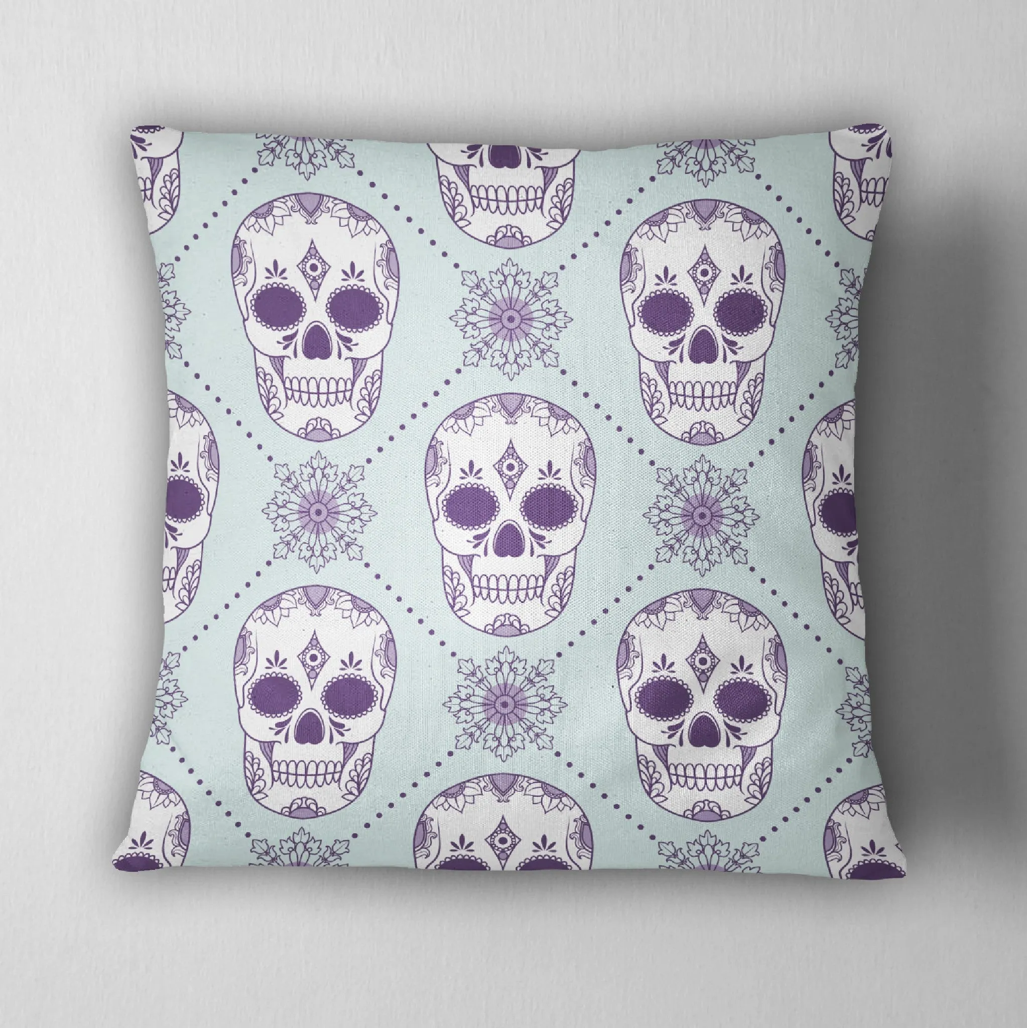 Ice Blue and Purple Sugar Skull Throw Pillow