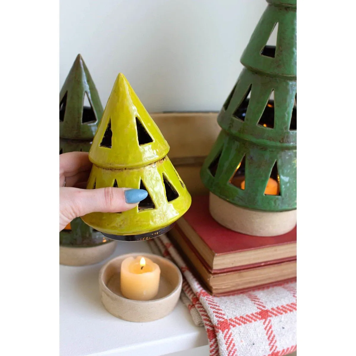 Kalalou set of three ceramic christmas tree lanterns - CDV2142