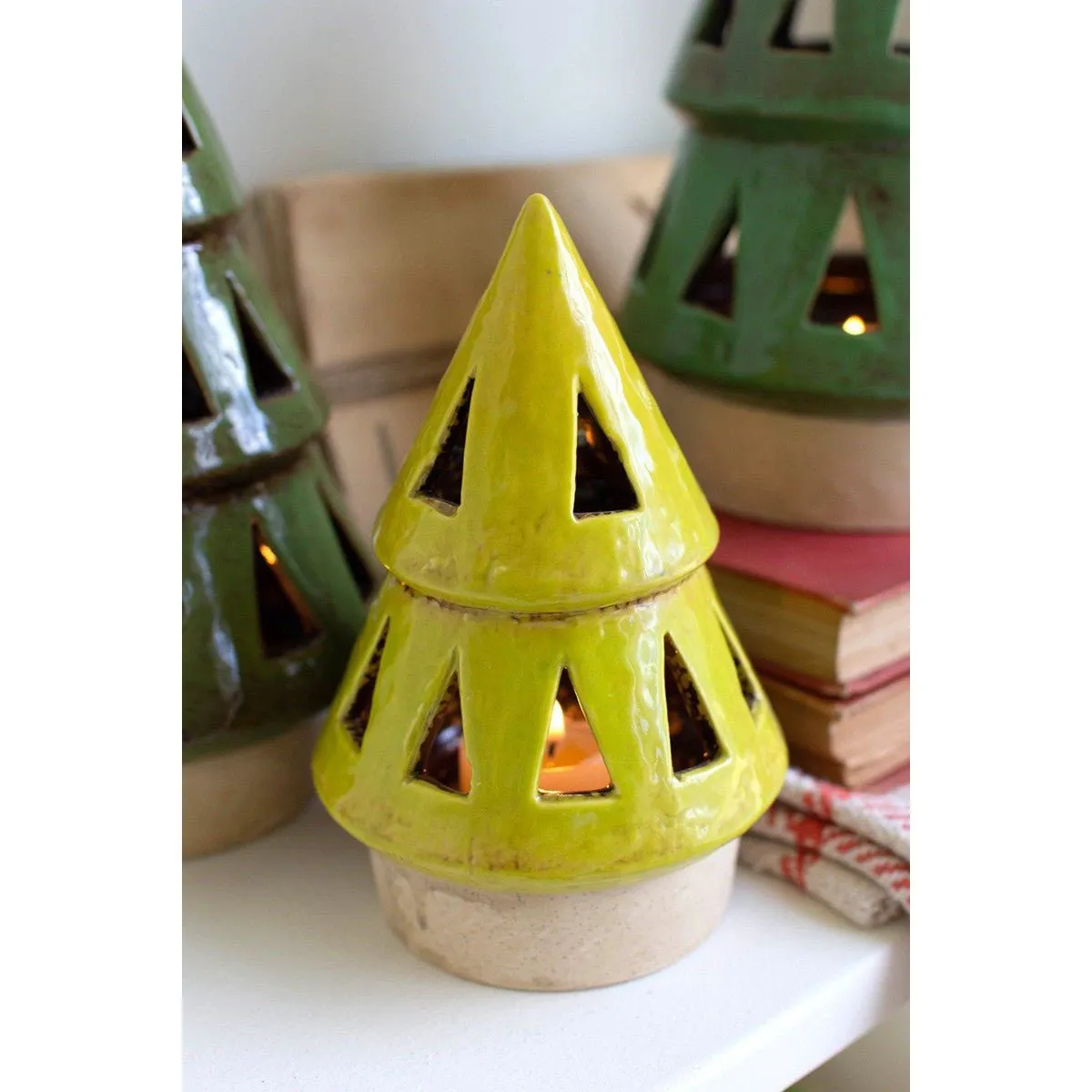 Kalalou set of three ceramic christmas tree lanterns - CDV2142