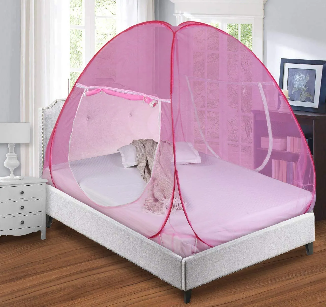 Kuber Industries Mosquito Net Foldable King Queen Size (Double Bed) with Free Saviours 6.5 x 6.5 Feet (Pink)-CTLTC035002