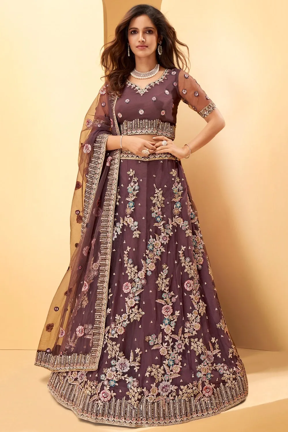 Mauve Purple Floral Embroidered Bridal Lehenga