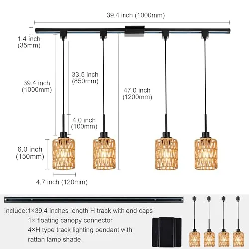 MELUCEE 4 Packs H-Type Track Lighting Ceiling Hanging Rattan Pendant Light Black, Include 39.4 Inches H Type Track Rail and H Track Floating Canopy Connector, E26 Socket