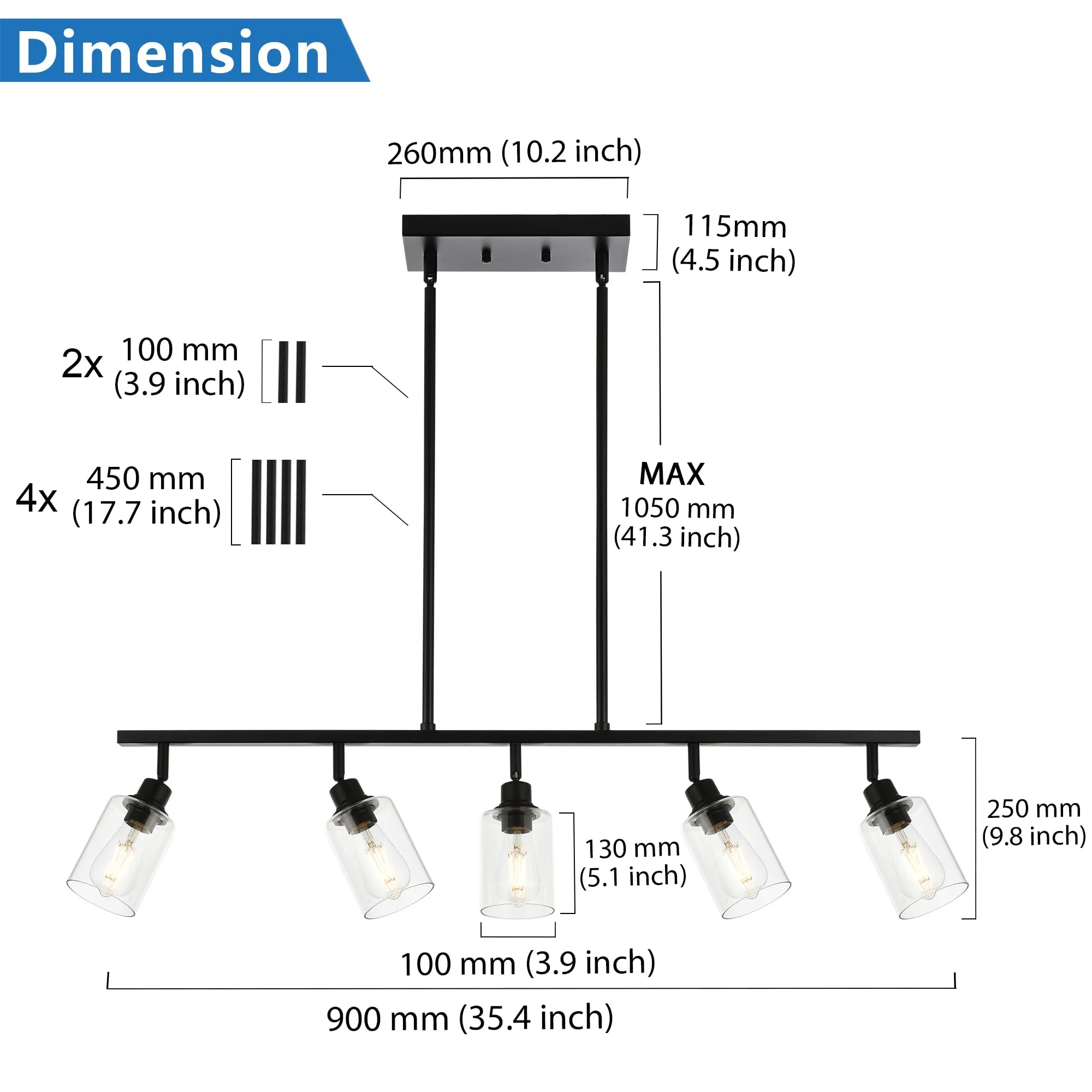 MELUCEE 5-Light Track Lighting Pendant Hanging Black Linear Chandelier Industrial Kitchen Island Lighting with Clear Glass Shade, Flexible Metal Track Lights Kit for Dining Room Living Room Bar