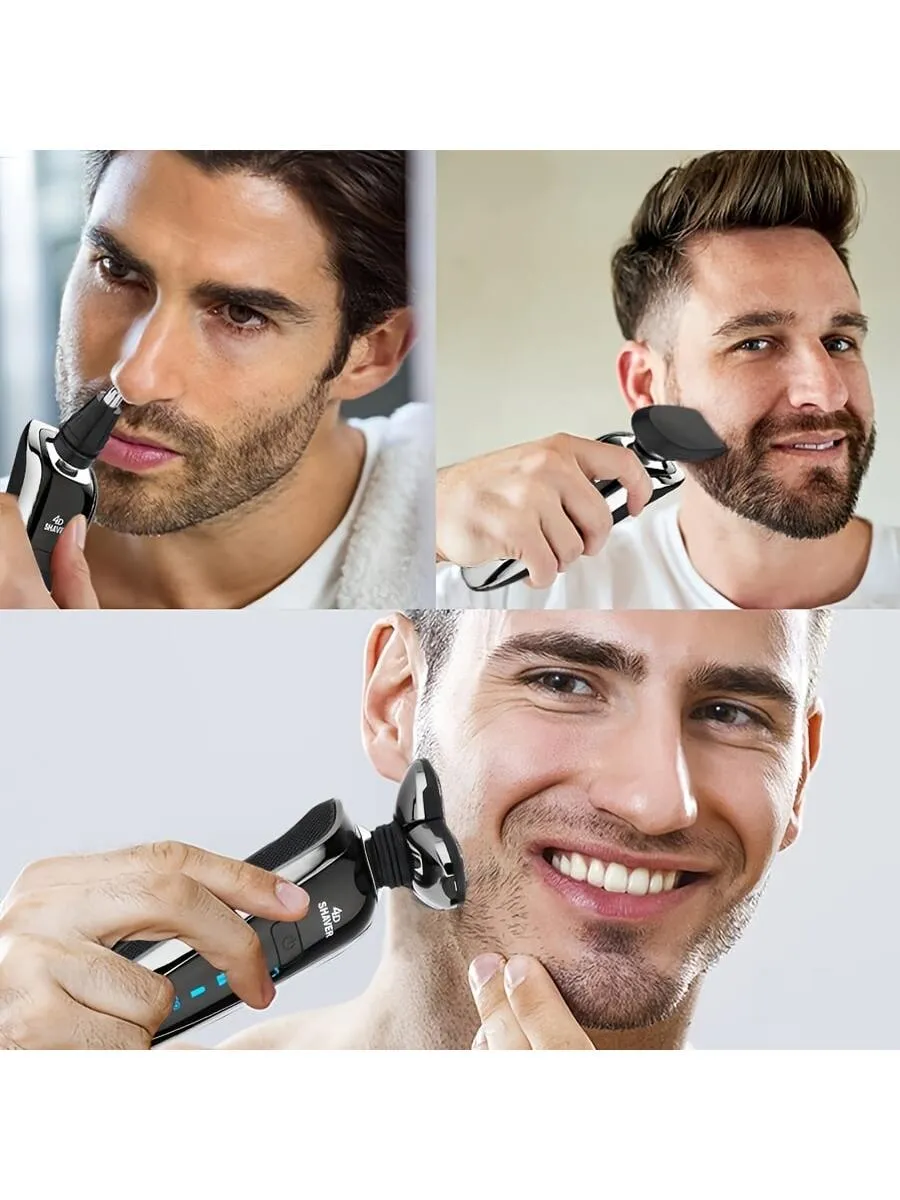 Men'S Electric Shaver 1pc Rechargeable Waterproof Rotary Shaver With Nose Hair Trimmer