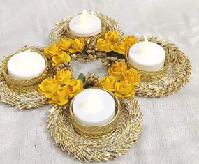 Mitra Set of 4 Yellow Color Flower GOTA Patti Design Metallic Diya Tea Light Candle Holder for Diwali Decoration/Pooja Including 4 Candles