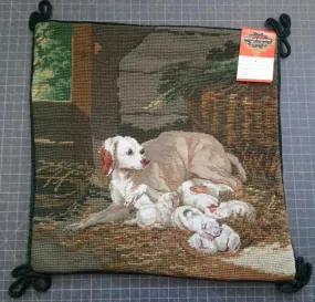 New Dog w/ Puppies Needlepoint Petit Point Green Brown Pillow Cover