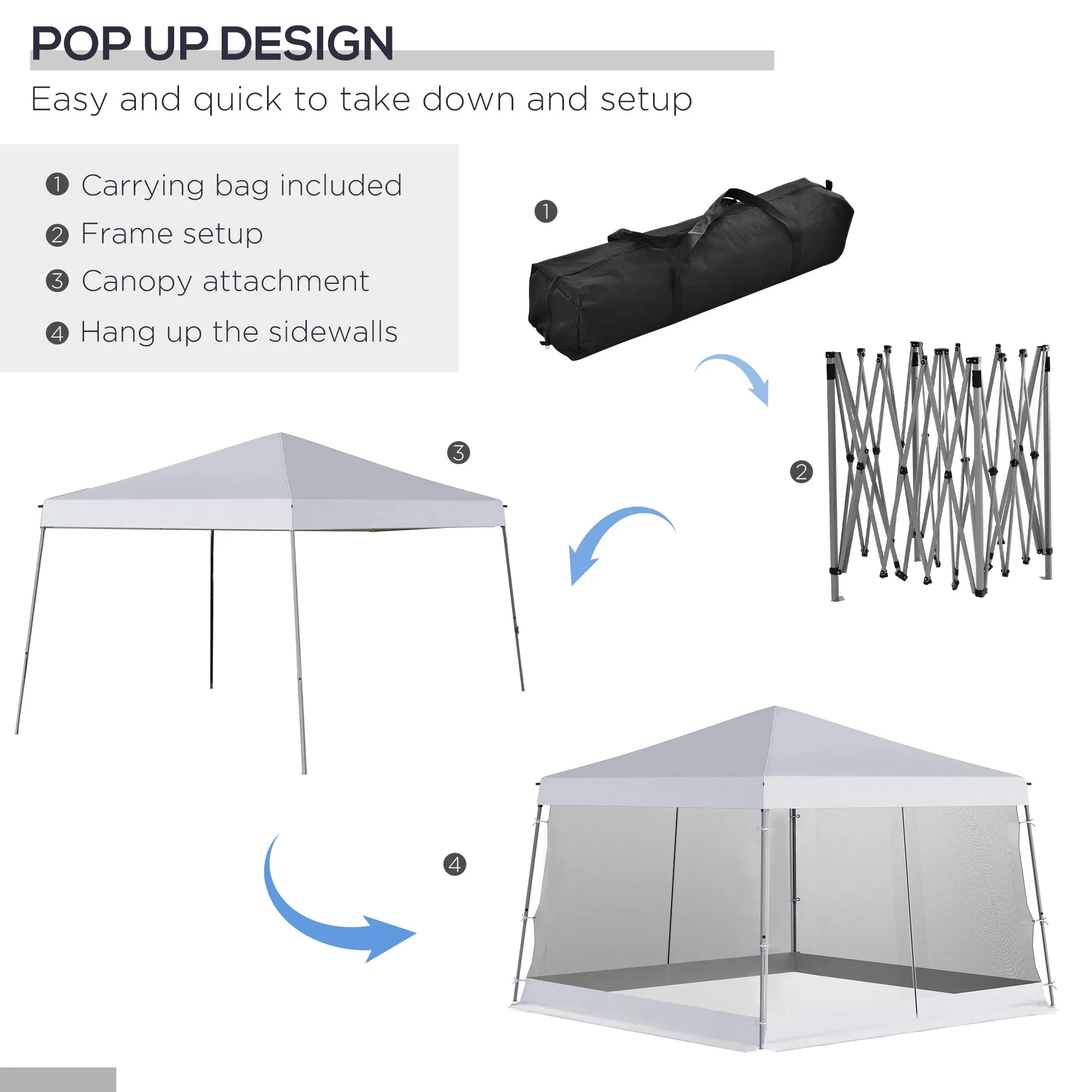 Outsunny 3 x3 x2.6m Folding Pop-up Garden Gazebo W/Mosquito Netting White