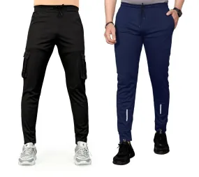 Pack of 2 Men Solid, Printed Black, Blue Track Pants