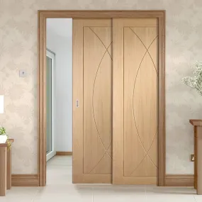 Pesaro Oak Veneer Staffetta Twin Telescopic Pocket Doors - Prefinished