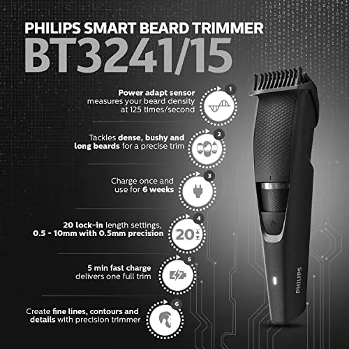 PHILIPS BT3241/15 Smart Beard Trimmer - Power adapt technology for precise trimming for Men- 20 settings; 90 min run time with Quick Charge, Grey and Black