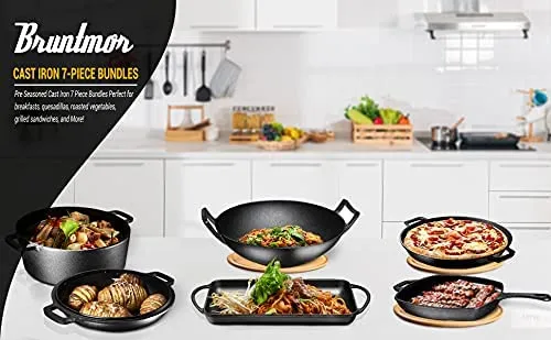 Pre Seasoned Cast Iron 7 Piece Bundle Gift Set, Double Dutch, Rectangular grill Pan, Wok