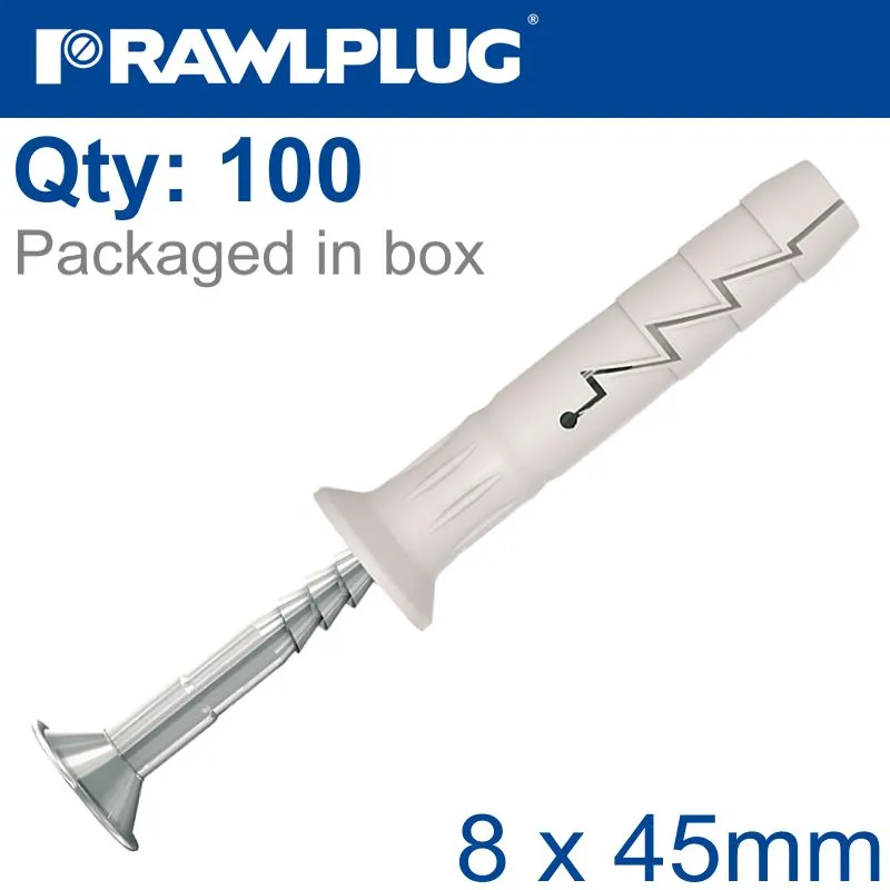 RAWLPLUG NYL NAIL-IN FIXING 8X45MM   CSKHEAD X100 -BOX RAW R-FX-N-08L045