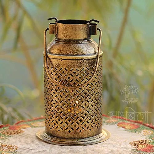 SADHUBELA Iron Milk Can Patterned Lantern (Gold_5.1 Inch X 5.1 Inch X 7.8 Inch)