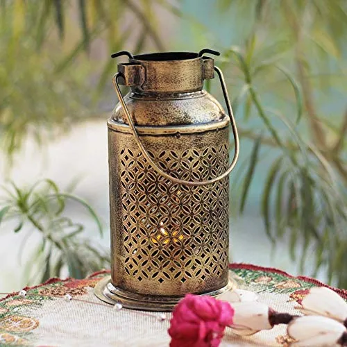 SADHUBELA Iron Milk Can Patterned Lantern (Gold_5.1 Inch X 5.1 Inch X 7.8 Inch)