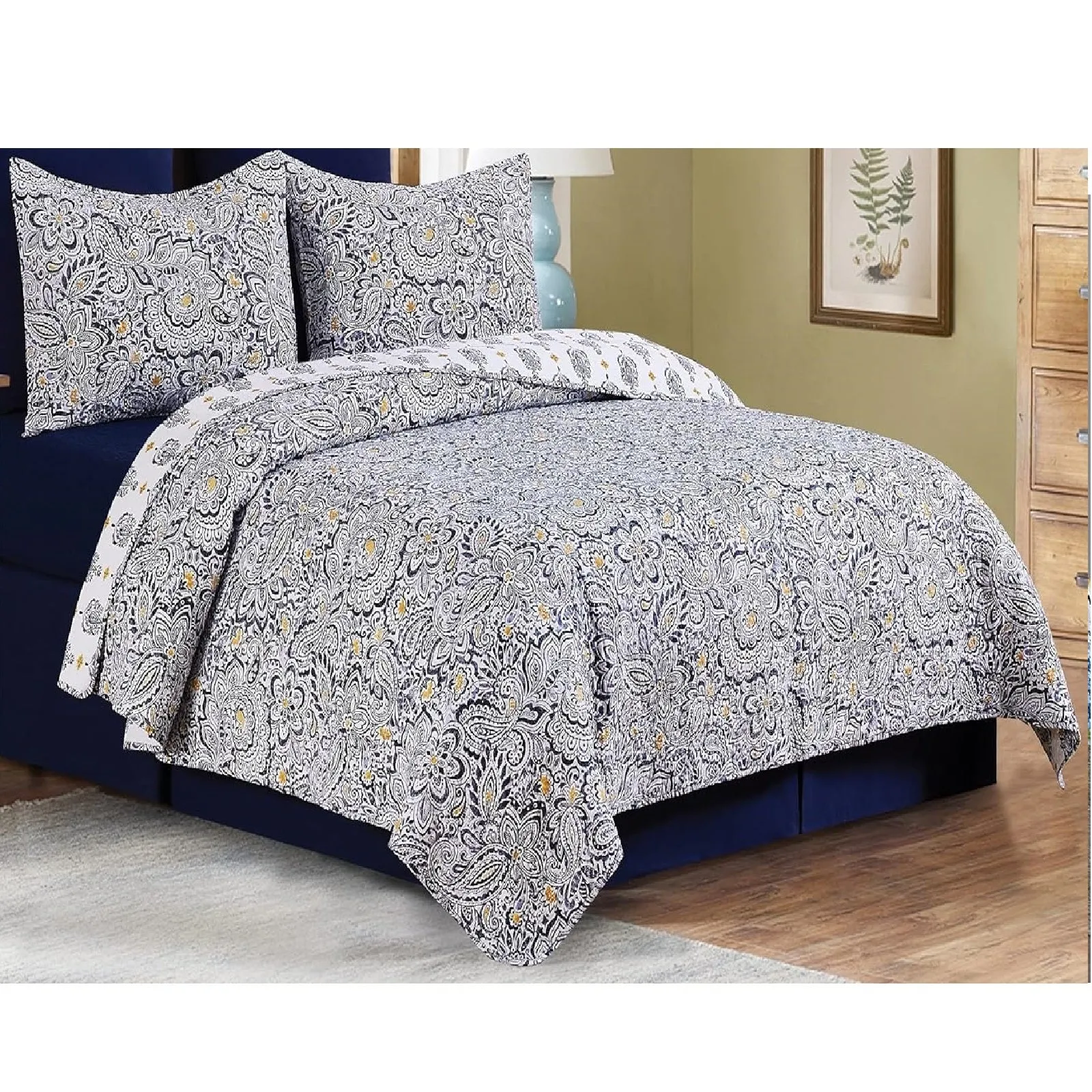 Serena 3 Piece Reversible  Full/Queen Quilt Set Blue Floral Print Bedspread Coverlet and 2 Matching Shams