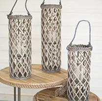 Set Of Three Willow Lanterns With Glass - Grey