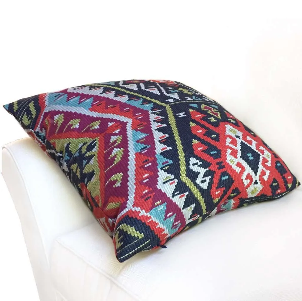 Southwest Ethnic Ikat Aztec Charcoal Gray Red Green Cotton Print Pillow Cover