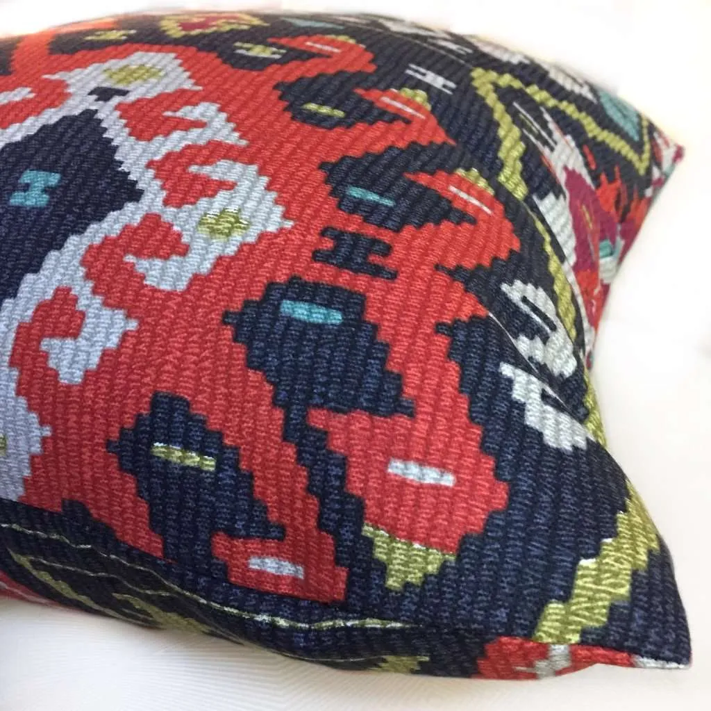 Southwest Ethnic Ikat Aztec Charcoal Gray Red Green Cotton Print Pillow Cover