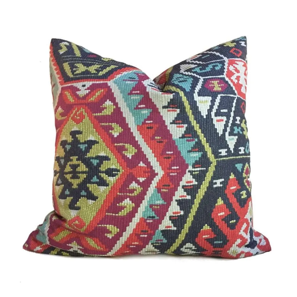 Southwest Ethnic Ikat Aztec Charcoal Gray Red Green Cotton Print Pillow Cover