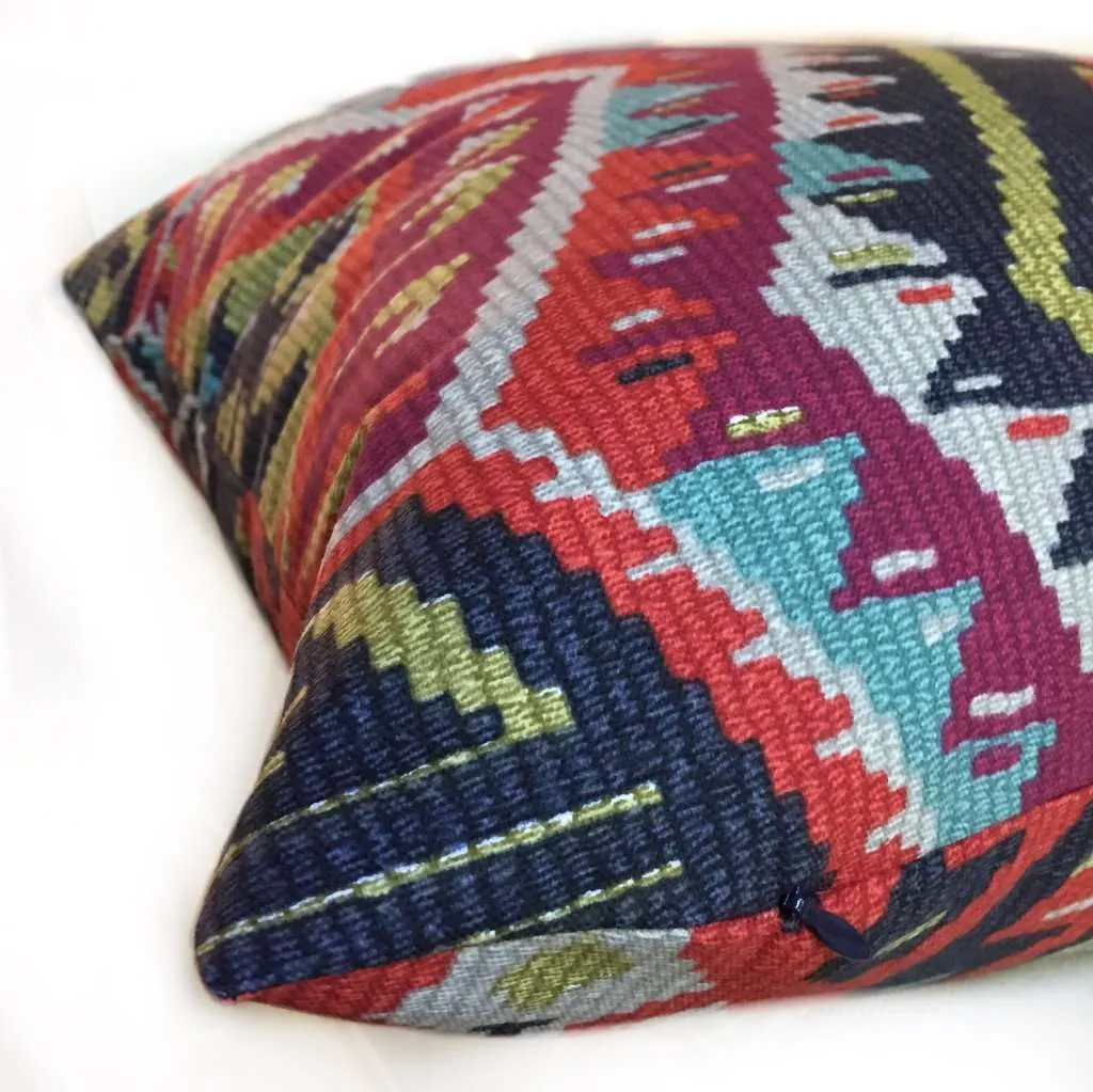 Southwest Ethnic Ikat Aztec Charcoal Gray Red Green Cotton Print Pillow Cover