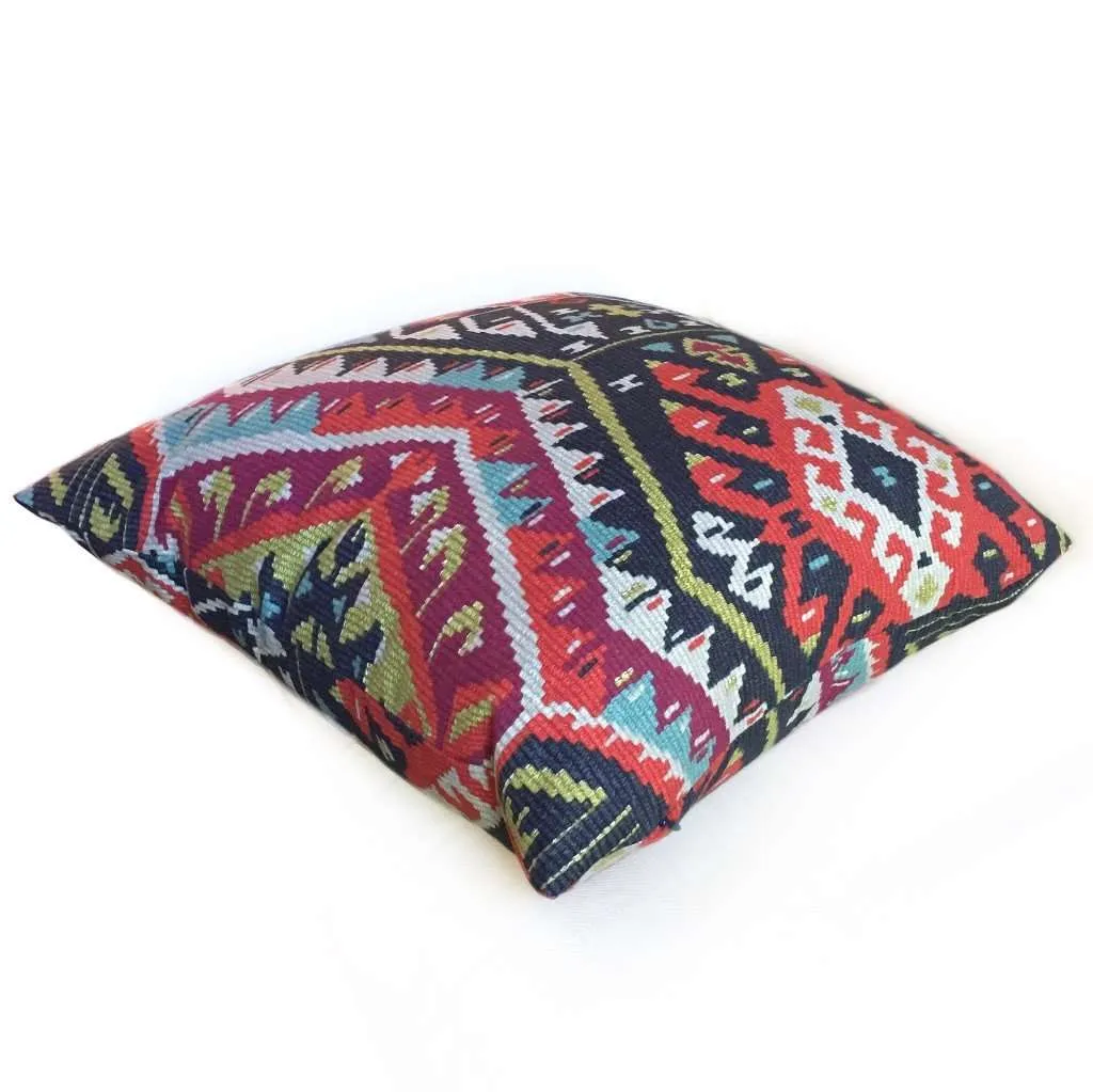 Southwest Ethnic Ikat Aztec Charcoal Gray Red Green Cotton Print Pillow Cover