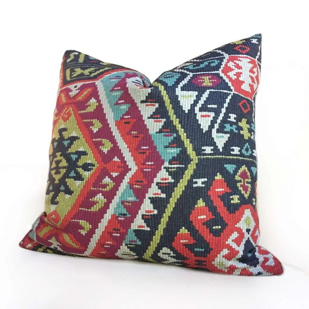 Southwest Ethnic Ikat Aztec Charcoal Gray Red Green Cotton Print Pillow Cover