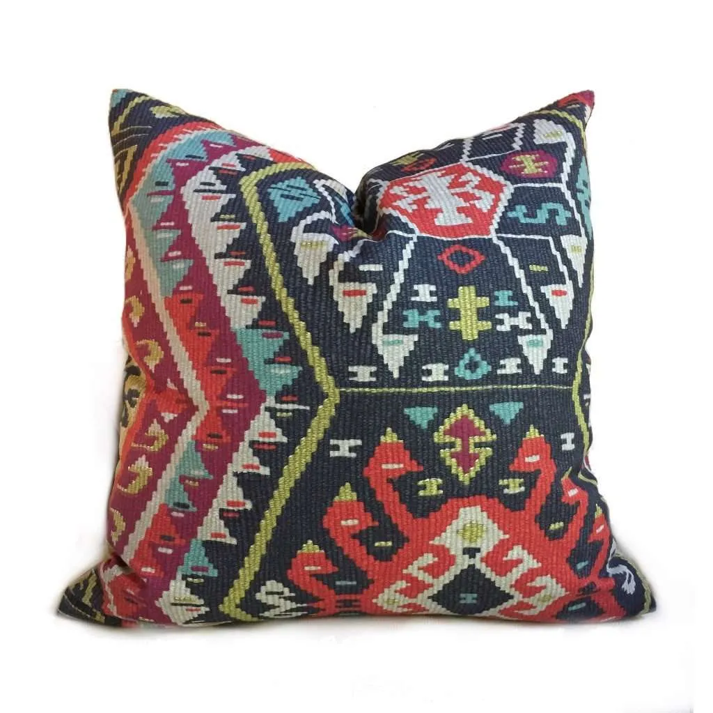 Southwest Ethnic Ikat Aztec Charcoal Gray Red Green Cotton Print Pillow Cover