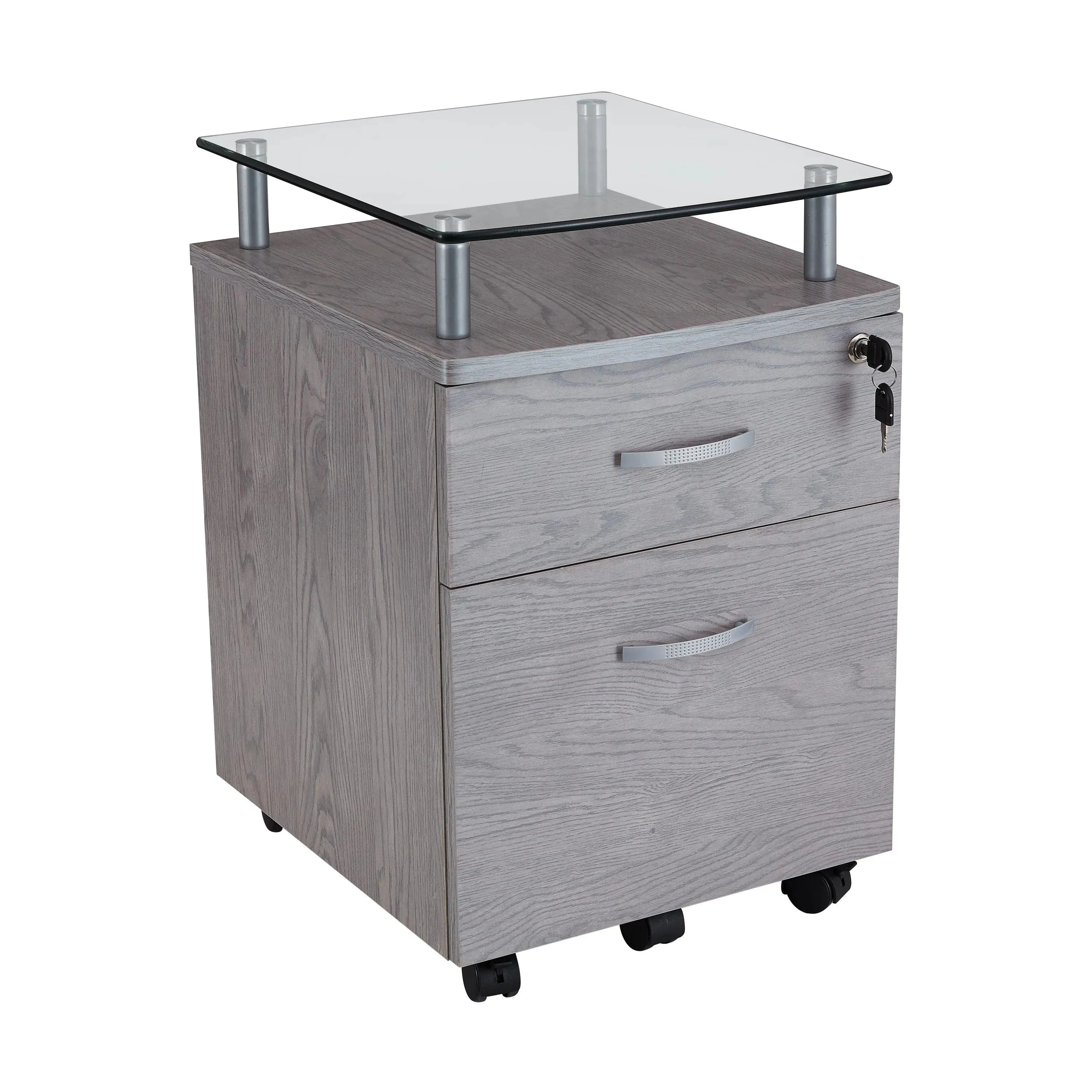 Techni Mobili Rolling File Cabinet with Glass Top, Grey