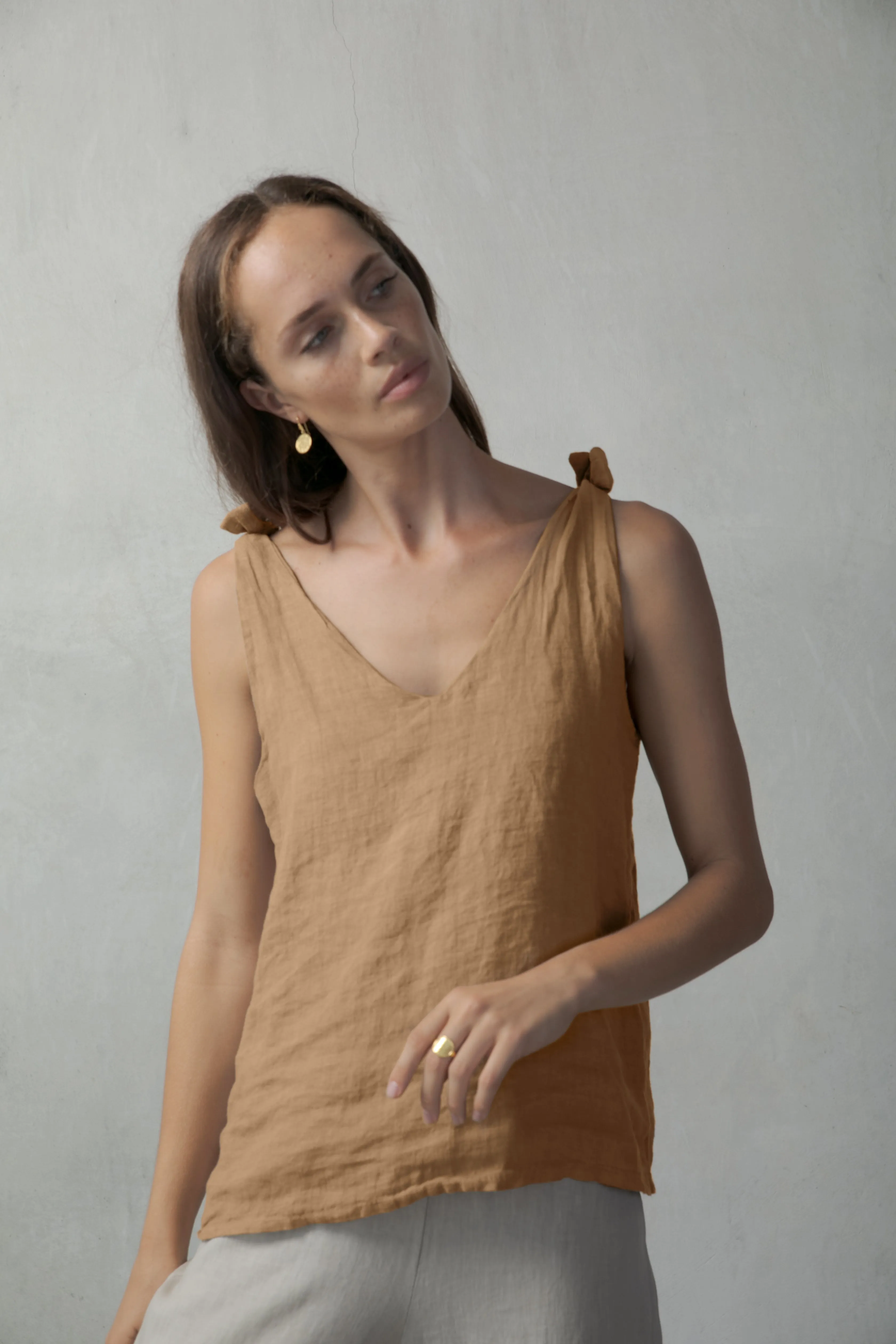 Tie Knot Linen Cami Top Tobacco