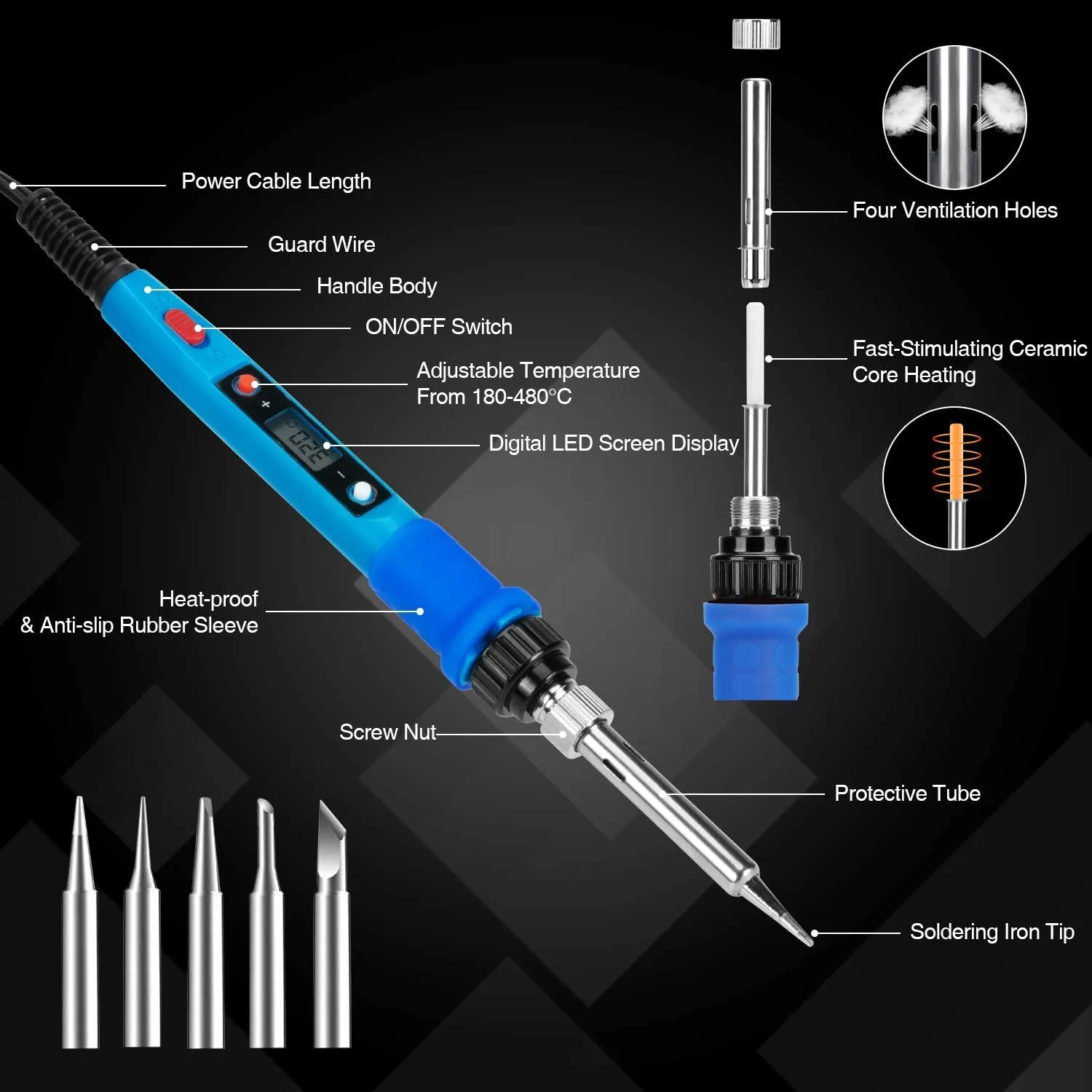 TwoWin Soldering Iron Kit, 80W 110V LCD Digital Soldering Welding Iron Kit with Ceramic Heater, Portable Soldering Kit with 5pcs Tips, Stand, Solder Tube, Sponge, for Metal, Jewelry, Electric, DIY