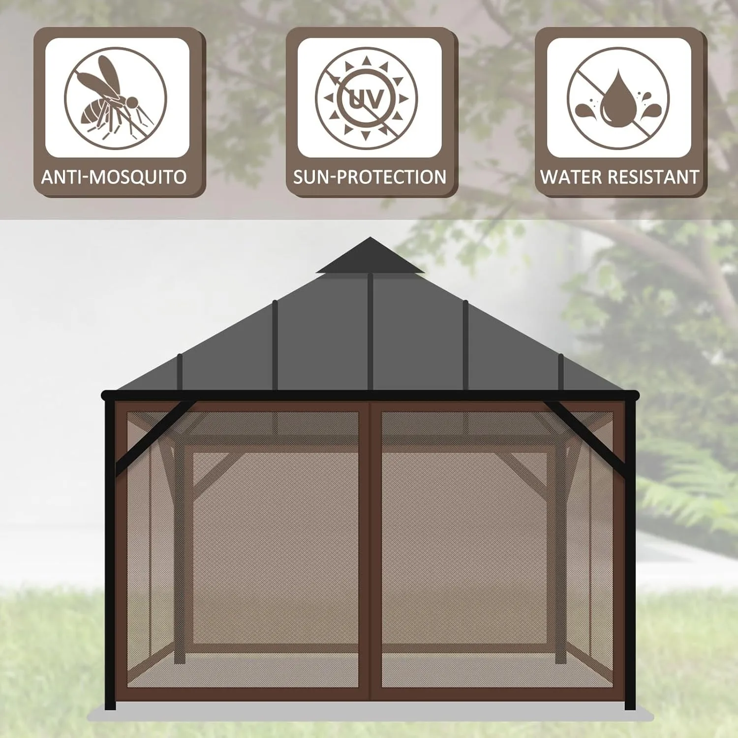 Universal Replacement Mosquito Netting for Patio Gazebo Mosquito Net Camping 4 Panel Mosquito Net Gazebo Canopy Replacement Patio Mosquito Netting with Zipper for Porch (Brown,10X10 Ft)