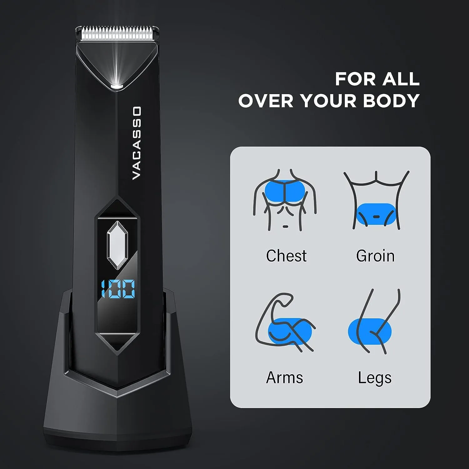 VACASSO Electric Body Hair Trimmer for Men Groin Hair Trimmer Ball Shaver w/Light&LED Display, USB Recharge Dock