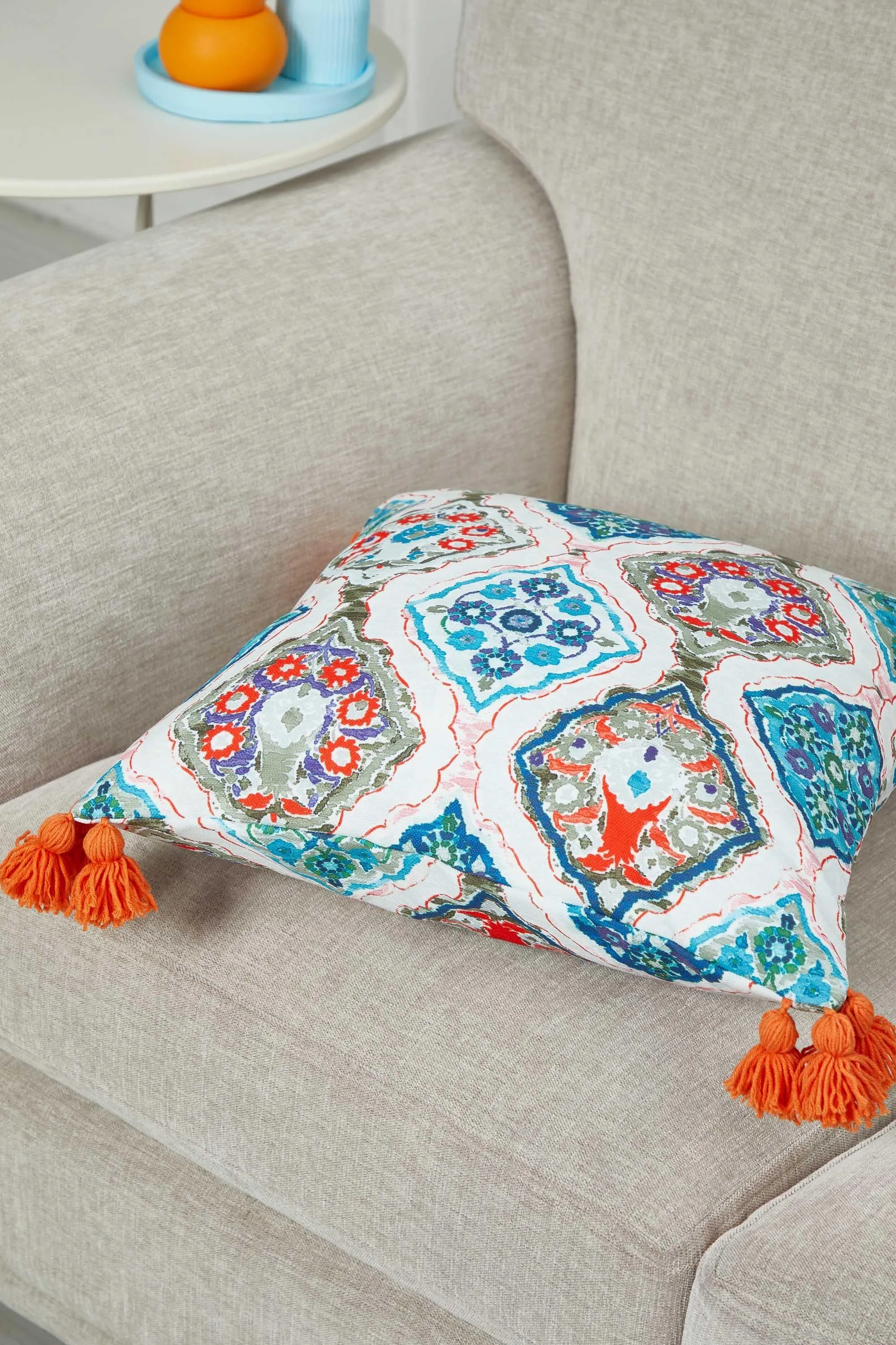 Vibrant Geometric Medallion Pillow Cover with Orange Tassels, Artistic Boho Cushion Case for Trendy Homes, 18x18 Printed Pillow Cover,K-367