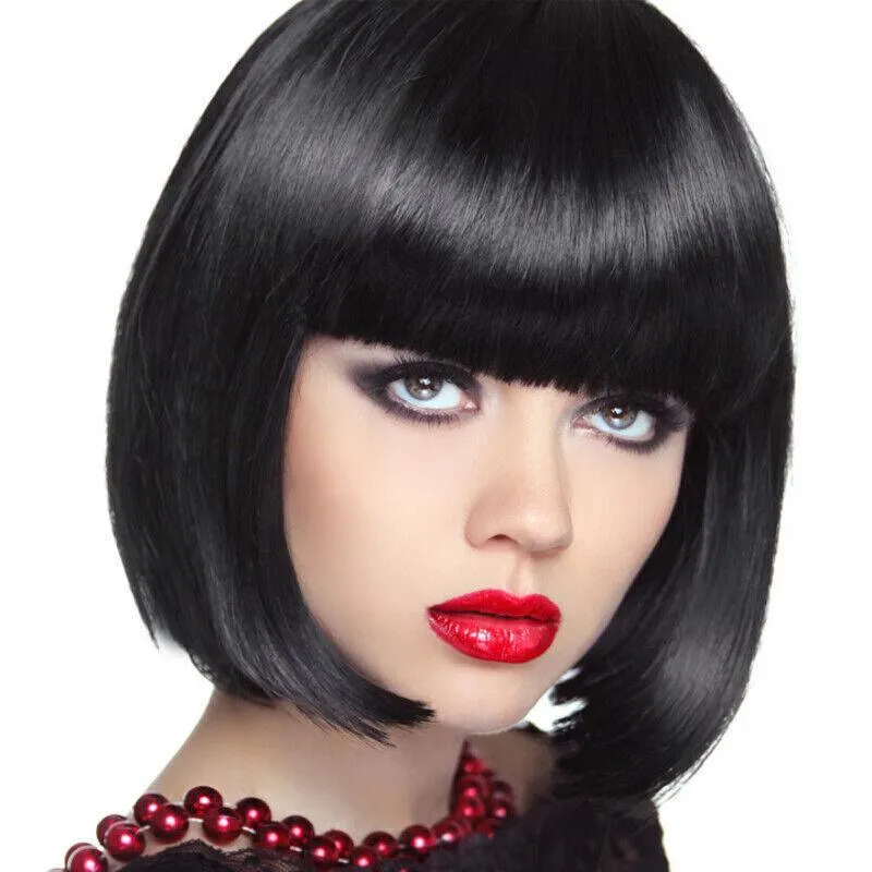 Womens Short Straight Bob Sleek Hair With Bang Synthetic Cosplay Wig Wigs Party